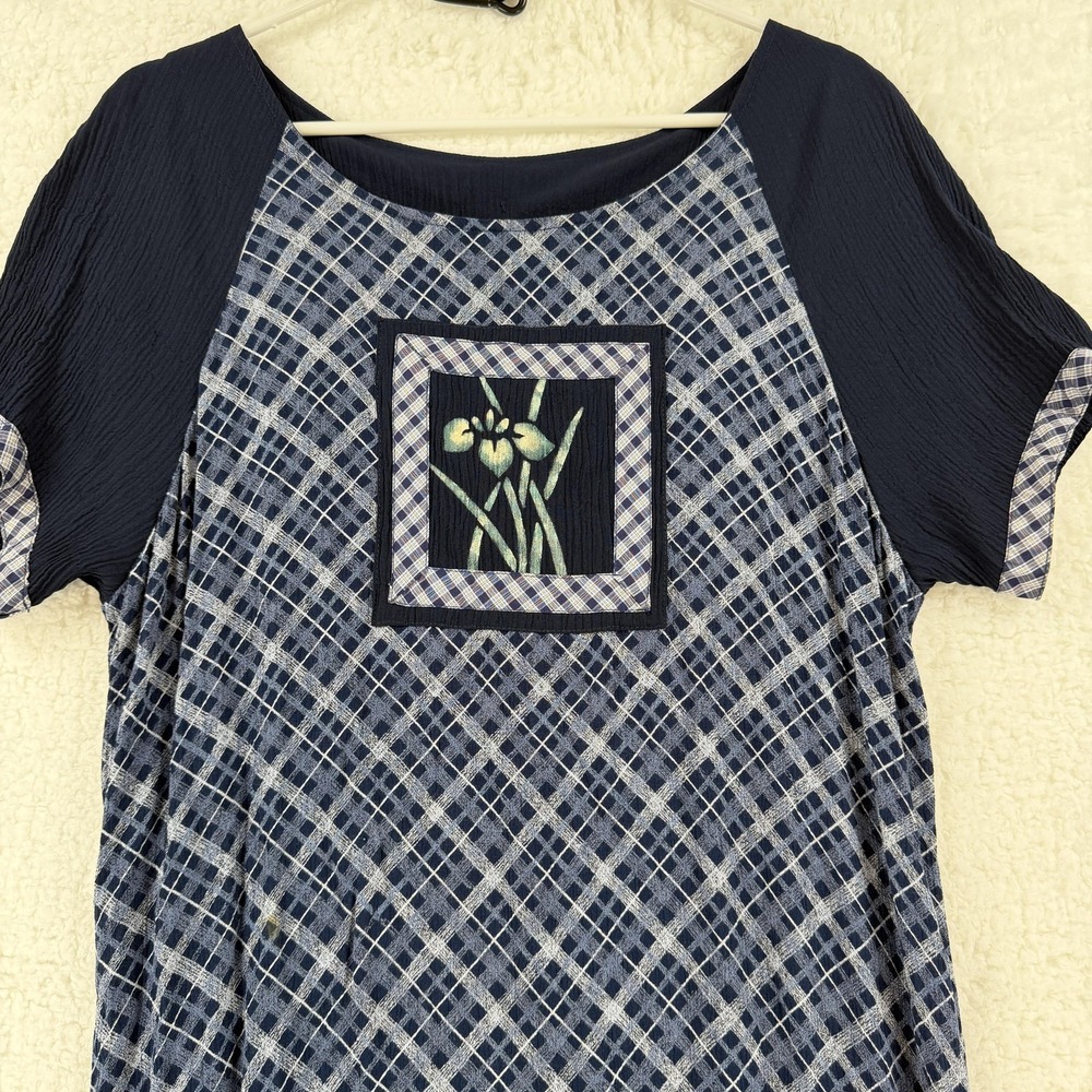 Vintage Lisa Maru Dress Womens Medium Blue Plaid Rayon Floral Patch‎ Hawaii 90s - Picture 3 of 9